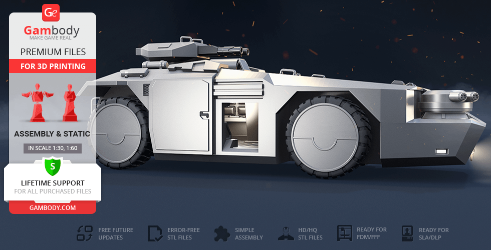 Futuristic armored personnel carrier (APC) 3D model for printing, featuring detailed design elements.