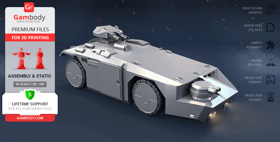 A 3D model of a futuristic armored personnel carrier (APC) with a turret and wheels, designed for 3D printing.