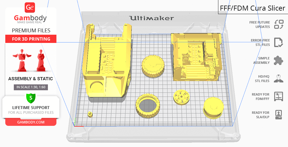 3D printable M577 APC model parts displayed in a slicer software interface.