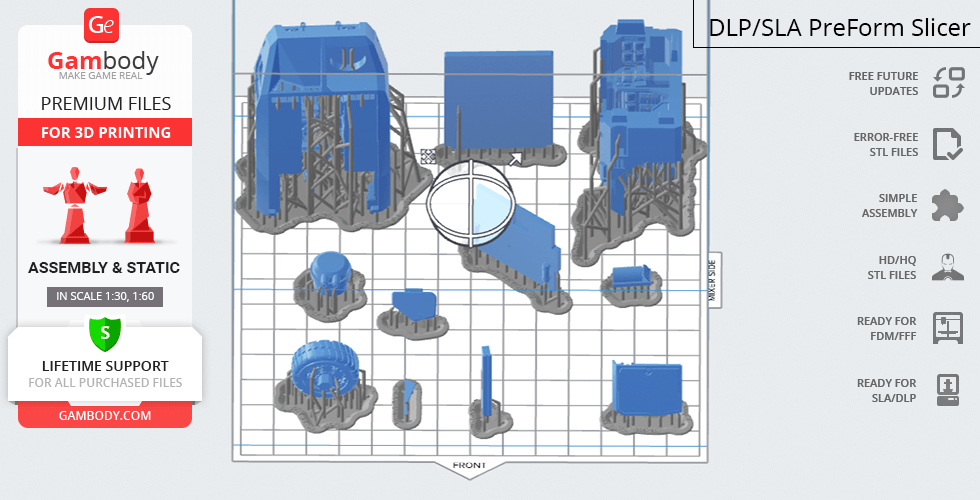 3D printing layout of M577 APC parts on a build plate, featuring various components in blue with supports.