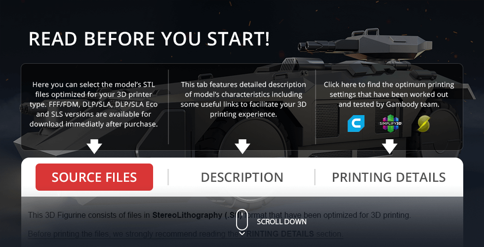 M577 APC 3D model with options for source files, description, and printing details on interface.