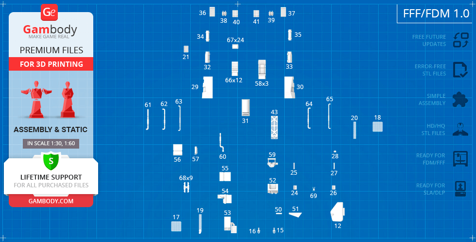 Blueprint of M577 APC 3D print parts layout with numbering and branding on a blue grid background.