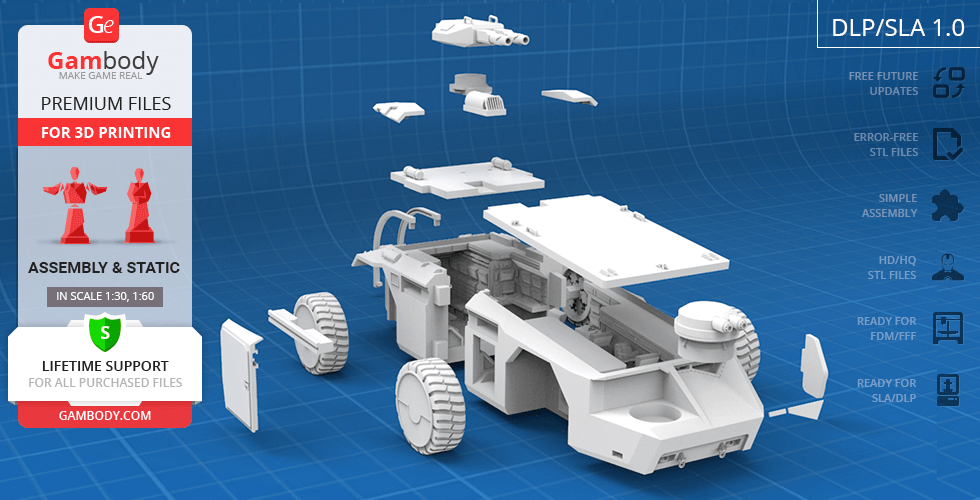 Exploded view of a 3D printable model of an M577 APC vehicle with assembly instructions.